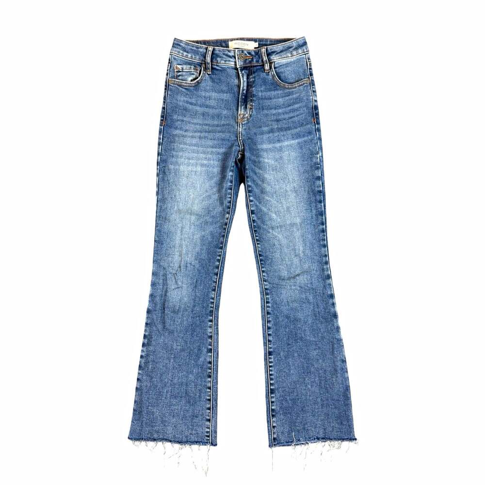 Hidden Women’s Medium Wash Bootcut Jeans Frayed Hem Slim Stretch Denim 24